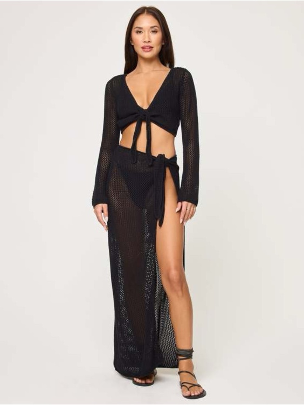 l*space Black Crochet Sarong Skirt Coverup